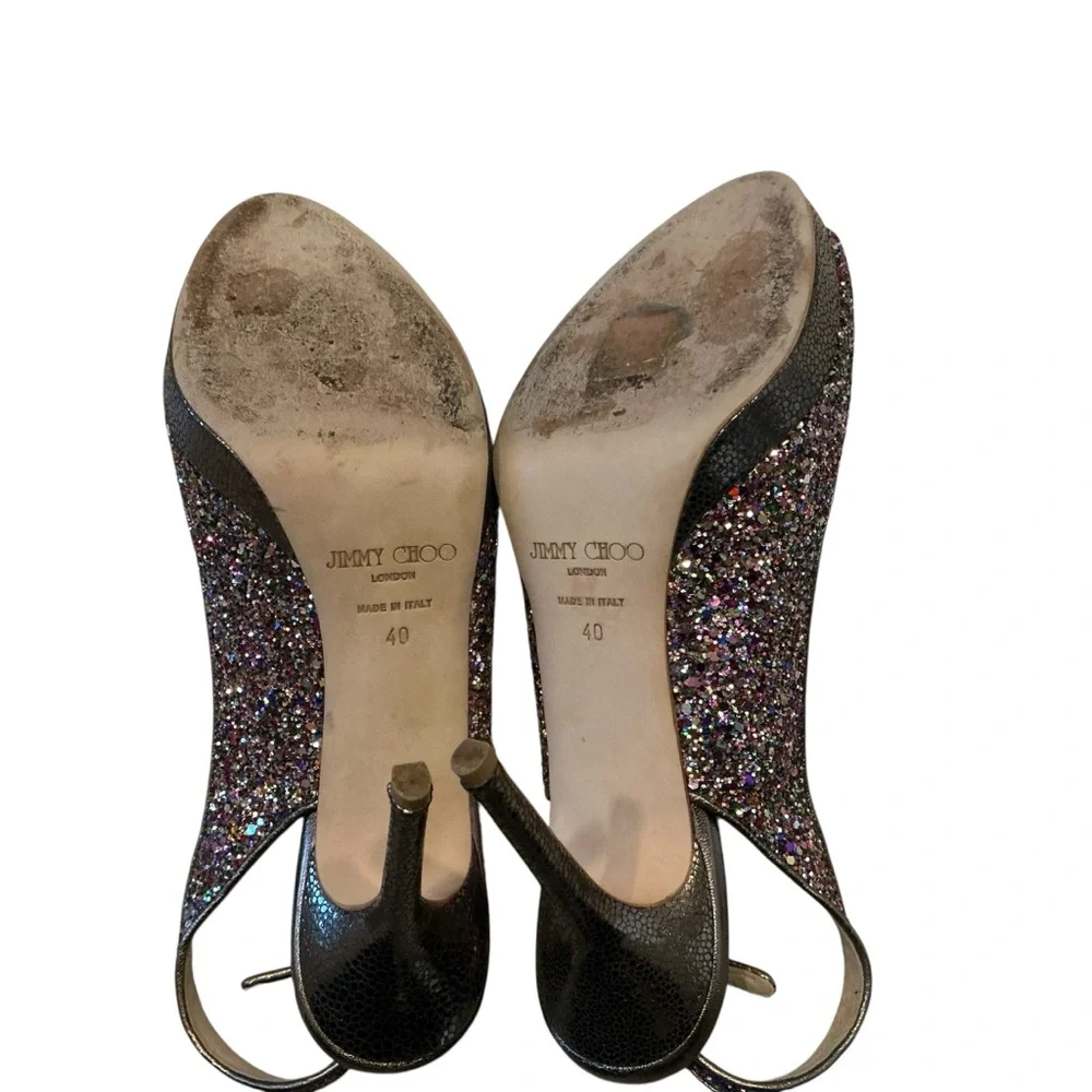 Jimmy Choo Clue platform peep toe multicolored bling slingback heel shoes Sz 40